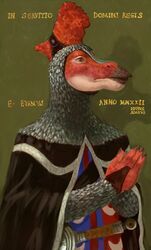  2022 absurd_res anthro beak black_cape black_clothing blue_clothing brown_beak cape chainmail clothed clothing coif digital_media_(artwork) digital_painting_(artwork) dinosaur dyna_soar extinct hadrosaurid hands_together head_crest hi_res knight lambeosaurus latin_text male medieval_armor medieval_clothing medieval_fantasy melee_weapon orange_eyes ornithischian ornithopod portrait praying prehistoric_species red_body red_clothing red_scales red_skin reptile saurian_(disambiguation) scalemail scales scalie shirt signature simple_background solo sword text three-quarter_portrait topwear translated tunic warrior weapon 