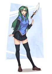  alternate_costume alternate_hairstyle blue_eyes breasts cosplay earrings fate/stay_night fate_(series) female fire_emblem fire_emblem:_the_blazing_blade green_eyes green_hair jewelry kanshou_&amp;_bakuya_(fate) legs long_hair looking_at_viewer lyn_(fire_emblem) phrecklesart pleated_skirt skirt solo sweater thighhighs tohsaka_rin tohsaka_rin_(cosplay) tsundere two_side_up zettai_ryouiki 