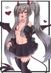  :d absurdres bat_wings bikini black_border black_skirt black_thighhighs bombergirl border breasts cleavage commentary_request damarinasai_(mineo) dark_persona dated demon_girl demon_horns demon_tail demon_wings detached_sleeves evo_grim feet_out_of_frame female grey_hair grim_aloe heart highres horns long_hair looking_at_viewer navel oerba_yun_fang open_mouth quiz_magic_academy red_bikini red_eyes red_horns signature simple_background skirt small_breasts smile solo standing swimsuit tail thighhighs twintails very_long_hair white_background wings 