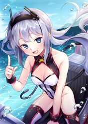  azur_lane blue_eyes blurry blurry_background blush breasts cleavage cloud collarbone commentary_request day female grey_hair hair_between_eyes headband highres long_hair looking_at_viewer ocean open_mouth riding sky small_breasts solo swimsuit thighhighs u-522_(azur_lane) utata_(122) water_drop watercraft 