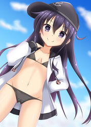  akatsuki_(kancolle) anchor anchor_symbol ass_visible_through_thighs bikini bikini_under_clothes black_bikini blush cloud cloudy_sky collarbone commentary_request cosplay cowboy_shot day embarrassed female flat_cap flat_chest hair_between_eyes hat highres hood hooded_jacket ichininmae_no_lady jacket kantai_collection long_hair long_sleeves looking_at_viewer messy_hair navel open_clothes open_jacket outdoors photoshop_(medium) purple_eyes purple_hair sky smile solo standing swimsuit white_jacket yukikaze_(kancolle) yukikaze_(kancolle)_(cosplay) yukikaze_(swimsuit_mode)_(kancolle) yuuki_miyabi 