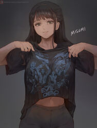  black_shirt character_name clothes_lift cutesexyrobutts evil_dead female grey_background grey_eyes highres long_hair looking_at_viewer misumi_yuka navel pants parted_lips patreon_logo patreon_username real_life shirt shirt_lift short_sleeves sidelocks smile solo standing stomach upper_body virtual_youtuber 