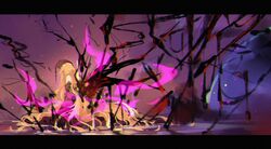  abstract absurdly_long_hair aura bare_shoulders black_dress black_headwear blonde_hair chinese_commentary darkness dress facing_away female from_behind highres junko_(touhou) kagari6496 letterboxed long_hair off_shoulder phoenix_crown solo touhou very_long_hair water wavy_hair wide_shot 