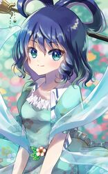  aqua_dress bad_id bad_twitter_id belt blue_eyes blush breasts collarbone commentary dress drill_hair female floral_print flower frilled_dress frills hagoromo hair_between_eyes hair_ornament hair_rings hair_stick highres kaku_seiga looking_at_viewer one-hour_drawing_challenge oudondk puffy_short_sleeves puffy_sleeves shawl short_hair short_sleeves small_breasts smile solo touhou upper_body vest white_vest 