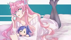  bare_shoulders blue_eyes candy cellphone character_doll female food kazanari_tsubasa legs_up lollipop long_hair lying maria_cadenzavna_eve on_bed on_stomach pantyhose phone pink_hair rhapsode senki_zesshou_symphogear smartphone solo sweater the_pose 