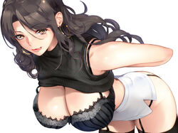  bare_shoulders bent_over black_bra bra bra_strap breasts brown_eyes brown_hair cleavage earrings female garter_straps highres hoop_earrings jewelry large_breasts licking_lips long_hair mature_female miniskirt mole mole_under_eye office_lady original removing_bra ribbed_shirt shirt simple_background skirt sleeveless sleeveless_shirt solo thighhighs thighs tongue tongue_out turtleneck underwear warabino_matsuri white_background white_skirt 