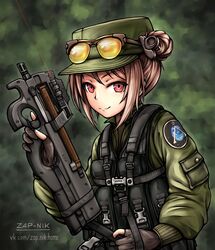  artist_name brown_hair bullpup commentary commission emblem eyewear_on_headwear female girls&#039;_frontline gun hat holster laser laser_pointer_projection laser_sight load_bearing_vest military military_hat military_uniform p90 p90_(girls&#039;_frontline) red_eyes solo stargate_(series) stargate_sg-1 submachine_gun sunglasses tactical_clothes uniform vest weapon weapon_connection zap-nik 