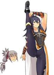  1boy absurdres armor black_legwear blue_hair commentary_request commission commissioner_upload female fire_emblem fire_emblem_fates grey_hair highres igni_tion japanese_clothes kimono leggings long_hair oboro_(fire_emblem) ponytail simple_background smile split standing standing_on_one_leg standing_split takumi_(fire_emblem) toned 