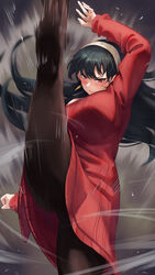  absurdres arm_up axe_kick black_hair blush breasts brown_pantyhose dress earrings female floating_hair gold_earrings hairband highres incoming_attack jewelry kicking large_breasts leg_up long_hair motion_lines pantyhose parted_lips red_eyes red_sweater sakazuki_sudama solo speed_lines spy_x_family standing standing_on_one_leg sweater sweater_dress v-shaped_eyebrows white_hairband yor_briar 