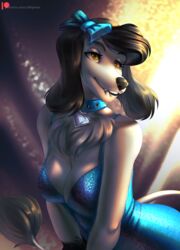  2022 accessory akipesa anthro bite biting_lip black_hair blue_clothing blue_dress bow_ribbon breasts canid canine canis chest_tuft cleavage clothed clothing collar digital_media_(artwork) domestic_dog dress female fully_clothed fur grey_body grey_fur hair hair_accessory hair_ribbon hairbow hi_res mammal poodle princess_(nicoya) ribbons solo tail tail_tuft tuft 