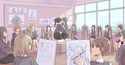  6+girls art_room betock black_hair black_skirt black_vest blue_eyes brown_hair canvas_(object) cardigan classroom closed_eyes collared_shirt commentary_request day easel green_eyes grey_cardigan highres himejoshi holding holding_hands holding_pencil indoors interlocked_fingers kissing long_hair long_sleeves looking_at_viewer modeling multiple_girls open_mouth original pencil pleated_skirt ponytail school_uniform shirt short_hair sitting sketching skirt smile sweater_vest vest white_shirt yuri 