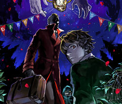  3boys black_hair cloak coat colored_skin darren_shan grey_skin harkat_mulds holding holding_suitcase hood hood_up hooded_cloak larten_crepsley long_coat multiple_boys night night_sky orange_hair red_coat red_eyes short_hair sky stitched_face stitches suitcase the_saga_of_darren_shan 