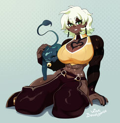  abs animal_ears artist_name black_nails breasts cleavage dark-skinned_female dark_skin feline female full_body genderswap_(mtf) green_eyes hair_between_eyes highres kitt_betelgeuse large_breasts looking_at_viewer lucias_(kitt_betelgeuse) muscular muscular_female original rule_63 short_hair sitting smile solo teeth velo_(kitt_betelgeuse) watermark 