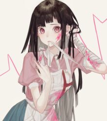  adjusting_hair apron bandaged_arm bandages bandaid black_hair blood blood_on_face blue_skirt blunt_bangs blush closed_mouth commentary danganronpa_(series) danganronpa_2:_goodbye_despair female hand_in_own_hair highres holding holding_syringe long_arms long_hair looking_at_viewer mole mouth_hold mu_ooa open_mouth pink_blood pink_eyes pink_shirt puffy_short_sleeves puffy_sleeves purple_hair shirt short_sleeves simple_background skirt solo striped syringe tsumiki_mikan upper_body 