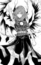  arm_at_side closed_mouth commentary feet_out_of_frame female greyscale hair_ornament hairband hand_up leaf_hair_ornament long_skirt looking_at_viewer medium_hair monochrome rion_(glayjirobass) rope shimenawa shirt skirt smile solo torn_clothes torn_sleeves touhou tsurime v-shaped_eyebrows yasaka_kanako 