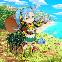  alternate_color backpack backpack_basket bag basket beach belt blue_eyes blue_hair boots bush closed_mouth cloud commentary_request day dragon_quest dragon_quest_builders_2 dress earrings female female_builder_(dqb2) flower fringe_trim gloves grass hair_ribbon hand_on_own_hip heterochromia highres hoop_earrings jewelry knee_boots leaf long_hair looking_at_viewer mushroom ocean outdoors parody ribbon scarf sky slime_(dragon_quest) smile solo sophi_ly_channel sophia_code star-shaped_pupils star_(symbol) symbol-shaped_pupils twintails ume_(yume_uta_da) virtual_youtuber water yellow_eyes yellow_footwear yellow_gloves yellow_ribbon yellow_scarf 