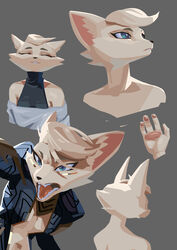  4_fingers absurd_res anthro black_nose blue_clothing blue_eyes blue_skinsuit breasts canid canine cheek_tuft closed_eyes clothed clothing crown_(el-k) digital_media_(artwork) el-k eyelashes facial_markings facial_tuft female fingers fox frown fur grey_background hair head_markings headshot_portrait hi_res mammal markings navel open_mouth pawpads portrait rear_view shirt shoulderless_clothing shoulderless_topwear simple_background skinsuit smile smiling_at_viewer solo teeth tight_clothing tongue topwear tuft white_body white_fur white_hair 