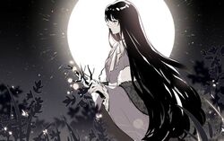  black_hair branch buttons cape closed_mouth commentary expressionless facing_to_the_side female flower frilled_sleeves frills from_side full_moon fur-trimmed_cape fur_trim glowing grass grey_cape highres holding holding_branch houraisan_kaguya kagari6496 long_hair long_sleeves looking_down moon pink_eyes pink_shirt red_skirt shirt skirt solo touhou very_long_hair wide_sleeves 