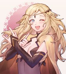  ai_tkkm blonde_hair blue_eyes bodystocking breasts cape circlet female fire_emblem fire_emblem_fates highres long_hair looking_at_viewer medium_breasts one_eye_closed open_mouth ophelia_(fire_emblem) solo 