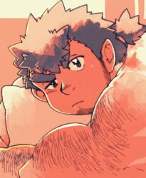  1boy andvari_(housamo) bara closed_mouth commentary_request dark-skinned_male dark_skin dwarf facial_hair film_grain hairy head_rest higemorigen highres long_sideburns male_focus muscular muscular_male nude on_bed orange_theme pillow plump pointy_ears short_hair sideburns solo stubble thick_eyebrows tokyo_afterschool_summoners uneven_eyes upper_body v-shaped_eyebrows 