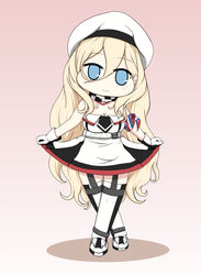  beret blonde_hair blue_eyes commentary_request crossed_legs curtsey dress female full_body gloves hair_between_eyes hat head_tilt highres kantai_collection long_hair looking_at_viewer mole mole_under_eye mole_under_mouth multicolored_clothes multicolored_dress multicolored_gloves multicolored_scarf pink_background pom_pom_(clothes) richelieu_(kancolle) scarf simple_background skirt_hold solo strapless strapless_dress thighhighs two-tone_dress two-tone_gloves two-tone_legwear yakuto007 