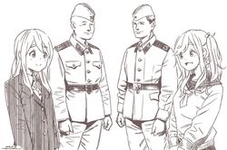  2boys 2girls :d belt closed_eyes closed_mouth crossover dated eye_contact greyscale horikou inuyama_aoi jacket k-on! kotobuki_tsumugi long_sleeves looking_at_another manly military military_jacket military_uniform mongolian_people&#039;s_army monochrome motosu_school_uniform multiple_boys multiple_girls one_side_up open_mouth real_life sakuragaoka_high_school_uniform school_uniform serafuku signature simple_background smile soldier soviet soviet_army sweater thick_eyebrows uniform white_background winter_uniform yurucamp 