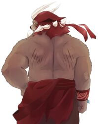  00makumakuma00 2019 anthro bear black_nose bottomwear brown_bear brown_body brown_fur clothed clothing dagger_(sdorica_sunset) facial_markings fur grizzly_bear head_markings headgear hi_res kumao male mammal markings muscular muscular_anthro muscular_male sdorica simple_background solo topless ursine white_background 