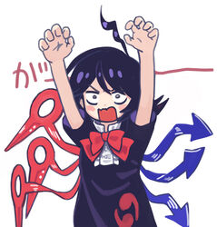  ahoge angry asymmetrical_wings black_dress black_hair blue_wings blush bow bowtie buttons center_frills claw_pose dress female frilled_dress frills houjuu_nue open_mouth red_bow red_bowtie red_wings short_hair short_sleeves simple_background solo touhou white_background wings you_taira 