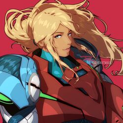  arm_cannon armor blonde_hair blue_eyes female glowing long_hair looking_at_viewer metroid metroid_dread mole mole_under_mouth ponytail power_armor power_suit power_suit_(metroid) samus_aran science_fiction sidelocks simple_background smile solo the_art_mage upper_body weapon 