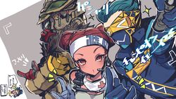  &gt;_&lt; 1boy 1other ambiguous_gender animification apex_legends bloodhound_(apex_legends) blue_gloves blue_jacket brown_eyes cable dark-skinned_female dark_skin double_bun fast_fashion_octane female gloves goggles hair_bun hair_slicked_back headband headset highres holding jacket lifeline_(apex_legends) looking_ahead mask mask_around_neck mouth_mask nozomu144 octane_(apex_legends) official_alternate_costume puckered_lips rebreather red_hair selfie_stick speech_bubble visor white_headband 