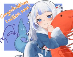  absurdres blue_background blue_hair blue_hoodie blunt_bangs blush border closed_mouth commentary congratulations dot_nose english_commentary female fins fish_tail gawr_gura gawr_gura_(1st_costume) green_eyes grey_hair heart highres hololive hololive_english hood hoodie hug klaius long_hair looking_at_viewer milestone_celebration multicolored_hair shark_tail smile solo streaked_hair stuffed_shrimp tail two_side_up virtual_youtuber white_border 