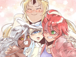  4girls ;) bare_shoulders black_sclera blonde_hair blue_eyes blush closed_eyes colored_sclera cyclops dark-skinned_female dark_skin doppel_(monster_musume) doppelganger green_eyes grey_hair hands_on_another&#039;s_shoulders hat highres horns hug imaani jacket jewelry long_hair manako monster_girl monster_musume_no_iru_nichijou multiple_girls necklace nude ogre one-eyed one_eye_closed open_mouth patchwork_skin pointy_ears red_hair simple_background single_horn smile stitches teeth tionishia undead upper_body yellow_eyes zombie zombina_(monster_musume) 