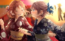  2girls :d ^_^ ahoge alternate_hairstyle blue_eyes blue_kimono blue_ribbon blush clenched_hand closed_eyes commentary_request floral_print flower grey_hair hair_bun hair_flower hair_ornament hair_ribbon half_updo highres japanese_clothes kanzashi kimono long_sleeves looking_at_another love_live! love_live!_sunshine!! makura_(makura0128) multiple_girls obi open_mouth red_kimono ribbon sash short_hair single_side_bun smile summer_festival takami_chika upper_body watanabe_you wide_sleeves 