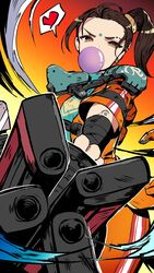  alternate_skin_color animification apex_legends aqua_shirt bandaged_arm bandages brown_eyes brown_hair chewing_gum facial_mark female forehead_mark gatling_gun gun half-closed_eyes heart highres holding holding_gun holding_weapon jumpsuit looking_at_viewer minigun nozomu144 orange_jumpsuit rampart_(apex_legends) sheila_(minigun) shirt side_ponytail solo speech_bubble spoken_heart v-shaped_eyebrows weapon 