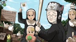  4girls animal_on_head baseball_bat bird blonde_hair blue_eyes brick_wall brown_eyes brown_hair chicken closed_eyes commentary diva_(hyxpk) duck duckling english_commentary flag glasses habit hair_ornament hairclip helmet highres hungry_nun_(diva) ladle little_nuns_(diva) mask mole mole_on_cheek mother_superior_(diva) multiple_girls nun old old_woman on_head outdoors oven_mitts pigeon poster_(object) pot pot_on_head round_eyewear scoreboard spicy_nun_(diva) strict_nun_(diva) traditional_nun wanted wrinkled_skin yarn yarn_ball yellow_eyes 