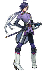  1boy ahoge black_gloves boots buttons elbow_gloves full_body gloves gradient_hair grey_hair hand_on_hilt hand_on_hip high_heel_boots high_heels highres long_hair low_ponytail male_focus military military_uniform multicolored_hair nishihara_isao original purple_eyes purple_hair sheath sheathed shorts smile sock_garters solo standing striped striped_legwear sword tassel uniform vertical-striped_legwear vertical_stripes weapon white_footwear 