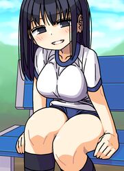  bench black_eyes black_hair black_socks breasts buruma commentary day female grin gym_uniform highres kneehighs large_breasts long_hair looking_at_viewer maruput original outdoors sitting smile socks solo thighs 