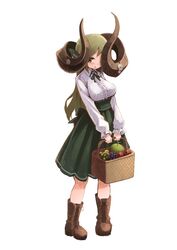  159cm animal_ears apple asymmetrical_horns basket blush boots brown_footwear cantaloupe curled_horns female food fruit full_body glan_(159cm) grapes green_hair green_neckwear green_ribbons green_skirt high-waist_skirt holding holding_basket horn_flower horns huge_horns long_sleeves looking_at_viewer neck_ribbon one_eye_covered original parted_lips ribbon shirt simple_background skirt smile solo standing white_background white_shirt yellow_eyes 