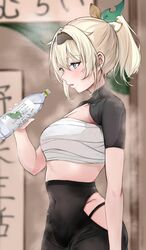  aqua_eyes bike_shorts blonde_hair blush bottle brand_name_imitation breasts chest_sarashi covered_navel female hair_intakes hairband highres hip_vent hololive i_lohas kamisaka_shyou kazama_iroha kazama_iroha_(1st_costume) medium_breasts parted_lips plastic_bottle ponytail sarashi shrug_(clothing) solo steaming_body virtual_youtuber water water_bottle 