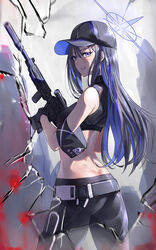  absurdres armband ass assault_rifle bare_shoulders baseball_cap belt black_belt black_gloves black_hair black_hat black_pants black_shirt blue_archive blue_eyes blue_hair butt_crack commentary_request cowboy_shot crop_top female gloves gun hat highres holding holding_gun holding_weapon leggings long_hair midriff multicolored_hair noomaru_(nomorepeople) pants rifle saori_(blue_archive) shirt sig_516 sig_sauer sleeveless sleeveless_shirt solo standing thighs very_long_hair weapon 