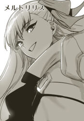  aoba_(smartbeat) breasts cropped_jacket fate/grand_order fate_(series) female greyscale grin hair_ribbon highres jacket long_hair long_sleeves looking_at_viewer meltryllis_(fate) meltryllis_(second_ascension)_(fate) monochrome multicolored_clothes multicolored_jacket ribbon small_breasts smile solo translation_request two-tone_jacket very_long_hair 