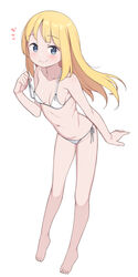  bare_arms bare_legs bare_shoulders barefoot bikini blonde_hair blue_eyes breasts collarbone feet female full_body highres leaning_forward light_blush long_hair looking_at_viewer navel original saiste side-tie_bikini_bottom simple_background small_breasts smile solo stomach strap_pull string_bikini swimsuit toes white_background white_bikini 