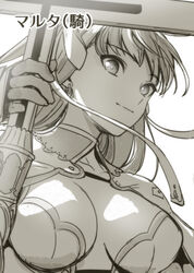  aoba_(smartbeat) breasts capelet center_opening cleavage closed_mouth fate/grand_order fate_(series) female gauntlets greyscale hair_ribbon highres large_breasts long_hair looking_at_viewer martha_(fate) monochrome ribbon smile solo staff translation_request 