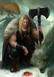  1boy absurdres animal axe battle_axe blonde_hair blood_on_snow braid cape commentary english_commentary feathers fur_cape fur_trim helwinter highres holding holding_axe leman_russ long_hair looking_at_viewer male_focus mountain muscular muscular_male official_art ornate_axe ornate_weapon oruam outdoors photoshop_(medium) primarch red_feathers runes snow space_wolves squatting warhammer_40k weapon wolf yellow_eyes 