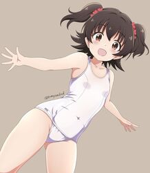  akagi_miria artist_name ass_visible_through_thighs breasts brown_background brown_eyes brown_hair collarbone commentary_request covered_navel cowboy_shot female idolmaster idolmaster_cinderella_girls looking_at_viewer one-piece_swimsuit open_mouth school_swimsuit short_hair simple_background small_breasts solo swimsuit tamayan thighs twitter_username two_side_up white_one-piece_swimsuit 