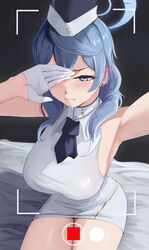  absurdres ako_(blue_archive) alternate_color armpits ascot bed black_ascot blue_archive blue_eyes blue_hair blue_halo blush breasts collared_dress commentary covering_one_eye dress earrings embarrassed female gloves half_gloves halo hat highres jewelry large_breasts long_hair looking_at_viewer official_alternate_costume pitespear selfie short_dress sideboob sideless_dress sitting solo stud_earrings utnapishtim_operator_uniform_(blue_archive) viewfinder white_dress white_gloves 