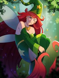  bare_shoulders betilla_(rayman) breasts cloudissleeping english_commentary fairy fairy_wings female freckles highres legs_together long_hair looking_at_viewer one_eye_closed rayman_(series) rayman_origins red_hair smile solo thighs very_long_hair wings 