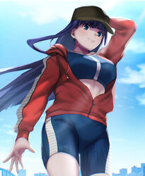  aoba_(smartbeat) baseball_cap bike_shorts black_hat black_shorts black_sports_bra blue_eyes blue_sky breasts closed_mouth collarbone drawstring fate/grand_order fate_(series) female hat highres jacket large_breasts long_hair long_sleeves looking_at_viewer martha_(fate) martha_(under_the_same_sky)_(fate) purple_hair red_jacket shorts sky smile solo sports_bra thighs 