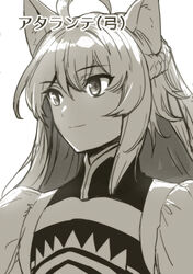  animal_ears aoba_(smartbeat) atalanta_(fate) braid breasts cat_ears closed_mouth dress fate/apocrypha fate_(series) female french_braid greyscale highres long_hair looking_to_the_side medium_breasts monochrome puffy_short_sleeves puffy_sleeves short_sleeves smile solo translation_request 