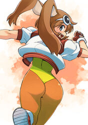  alternate_color animal_ears ass bob_cut brown_hair commentary_request cowboy_shot female fingerless_gloves from_behind gloves goggles goggles_on_head good_ass_day happy highleg highleg_leotard highres jacket leg_up leotard looking_at_viewer makihara_arina multicolored_clothes multicolored_jacket muramasa_mikado official_alternate_color orange_pantyhose pantyhose rabbit_ears red_footwear running shoes short_hair simple_background skin_tight sneakers solo teeth upper_teeth_only waku_waku_7 white_jacket yellow_leotard 